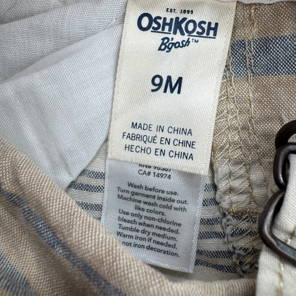 OshKosh B'gosh Shortalls Kids Size 9M Tan Blue Striped Vestbak Cotton Overalls